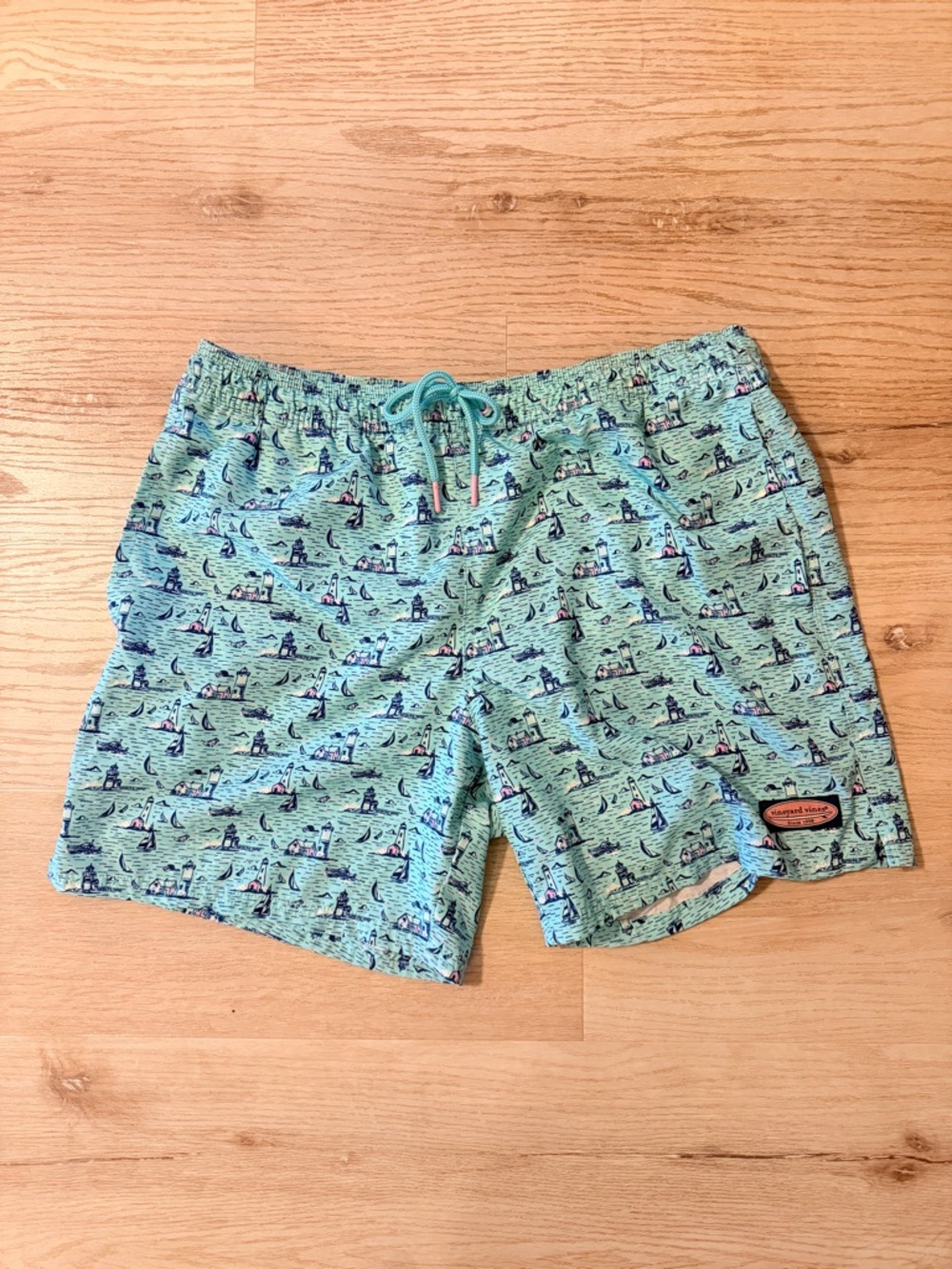 Vineyard Vines Light Aqua Nautical Swim Shorts with Sailboat Print